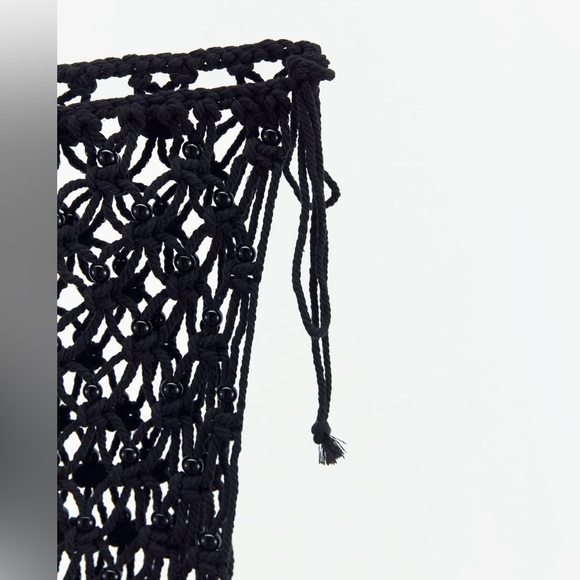 NWT ZARA Fringed Mesh Beaded Skirt Beach Cover Cotton Blend Open Side Tie - Picture 12 of 12